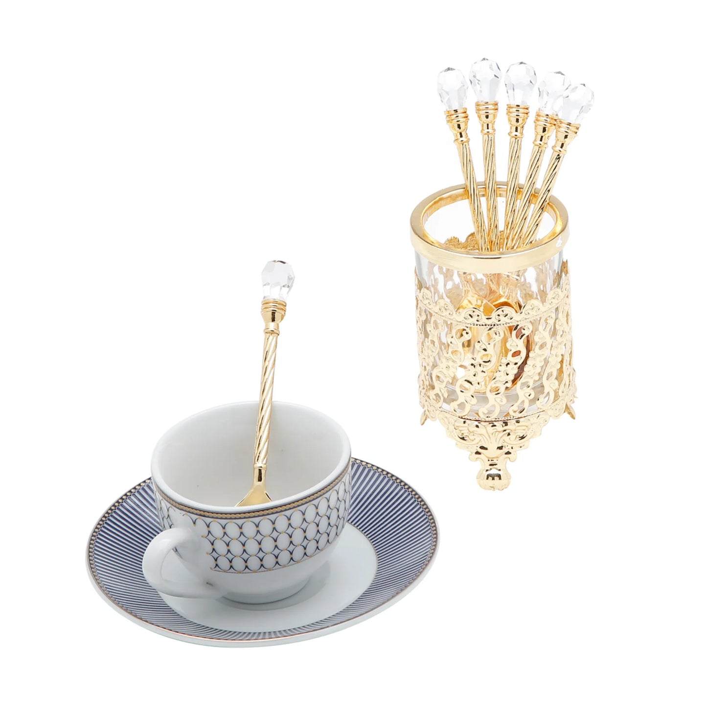 Set de Colheres para Café & Chá - Zamac com Cabo & Suporte Dourado - 14cm
