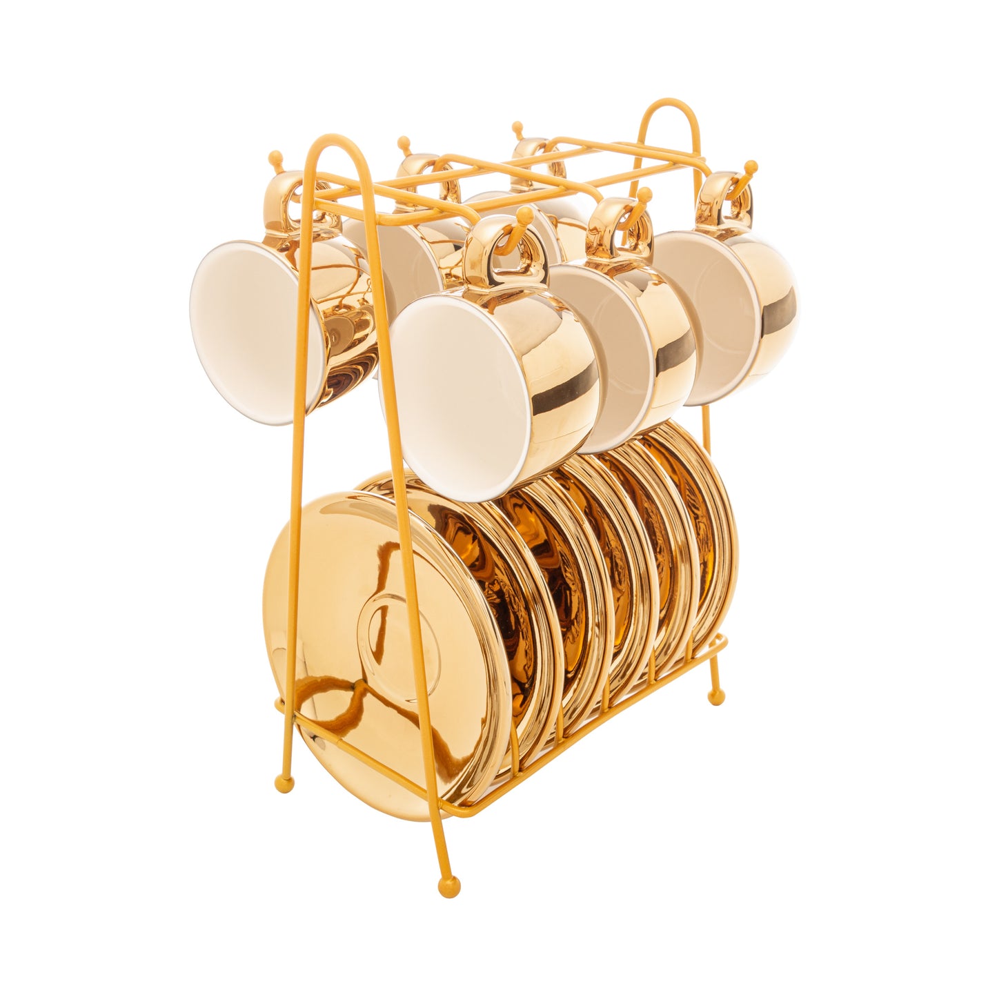 Conjunto 6 Xícaras de Café c/ Pires e Suporte - Versa Branco e Dourado