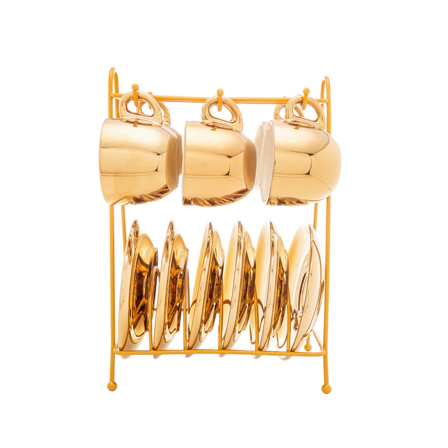 Conjunto 6 Xícaras de Café c/ Pires e Suporte - Versa Branco e Dourado