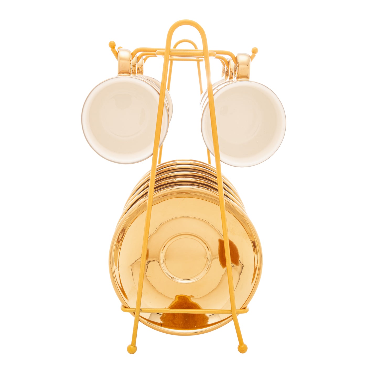 Conjunto 6 Xícaras de Café c/ Pires e Suporte - Versa Branco e Dourado