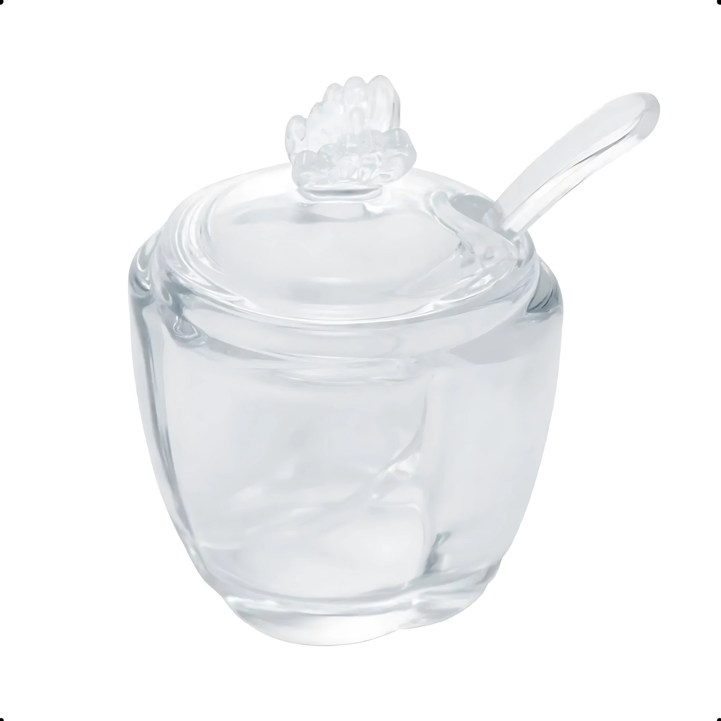 Açucareiro de Vidro Butterfly (Borboleta) com colher, em design delicado e transparente.