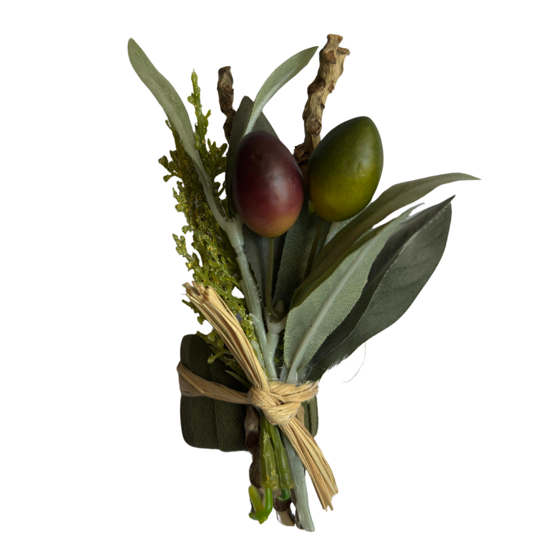 Argola de Guardanapo temática Azeitonas com folhas verdes, em design artesanal.