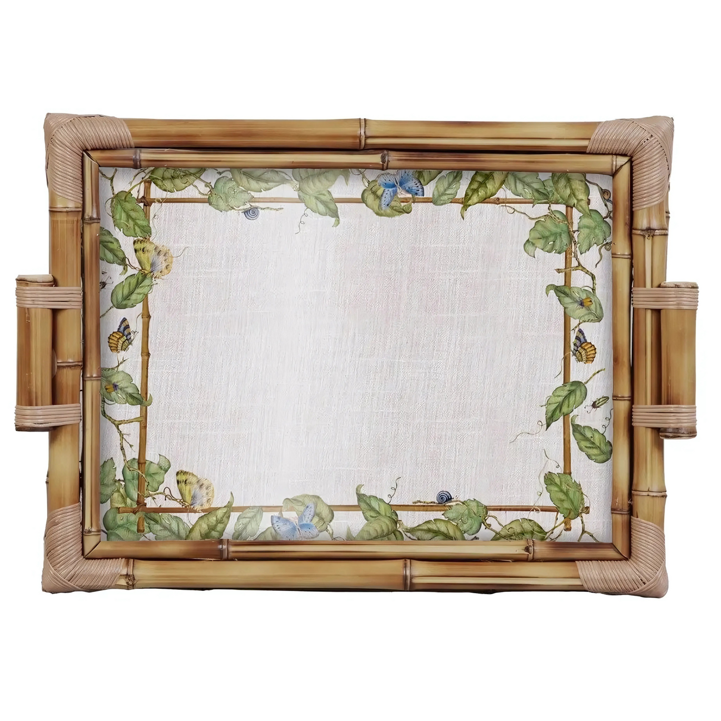 Bandeja dupla grande, de bambu com tampo de vidro estampado, da linha Botanique.