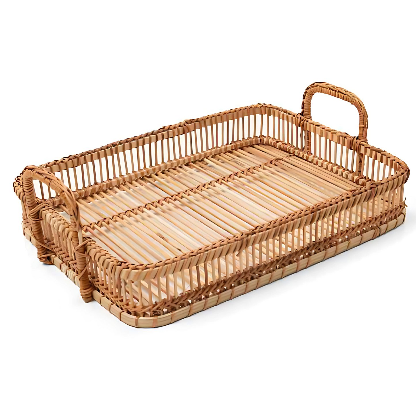 Bandeja retangular de bambu, com alças laterais, com dimensões de 40cm por 30cm.