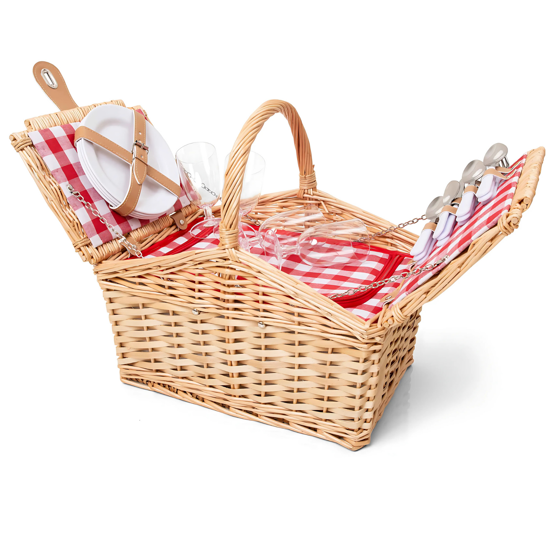 Cesta de Piquenique Madely Xadrez Vermelho, completa, com forro em tecido xadrez.
