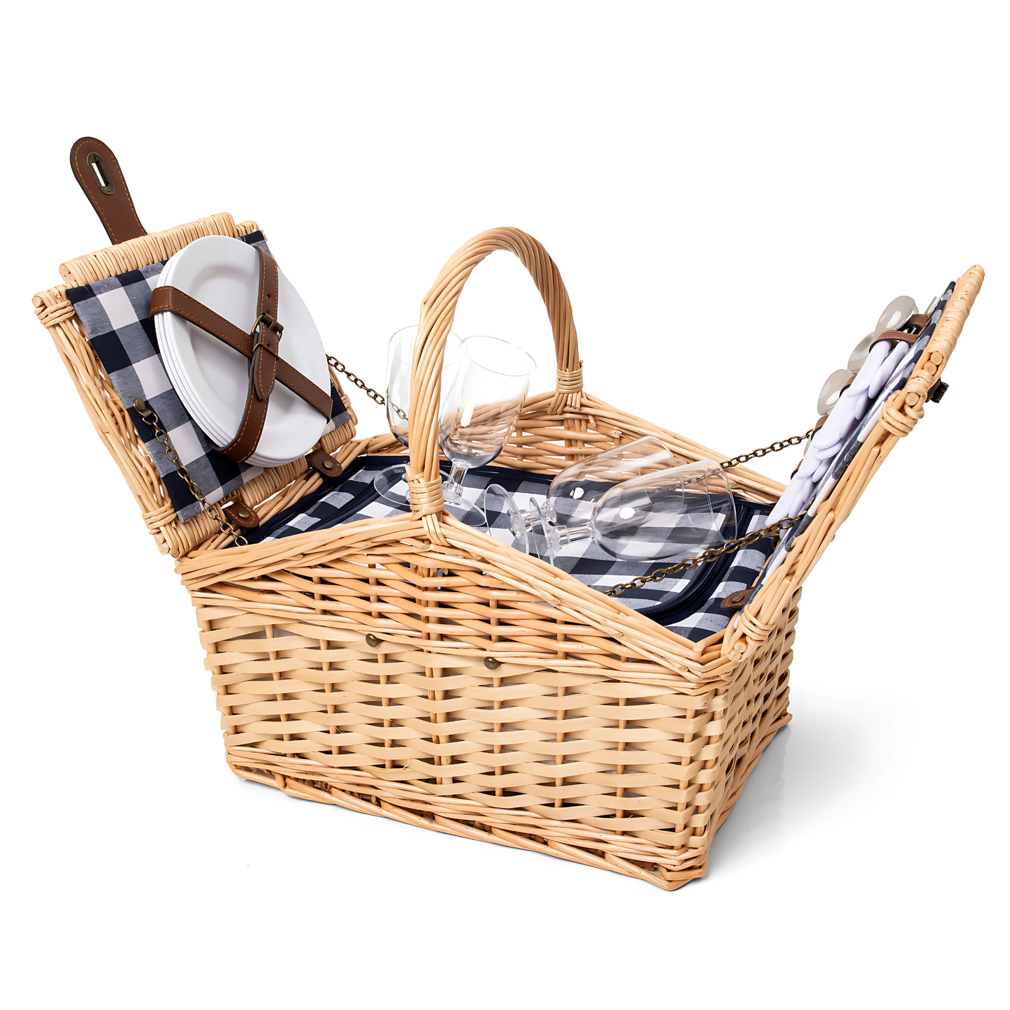 Cesta de Piquenique Madely Xadrez Marinho, completa, com forro em tecido xadrez.