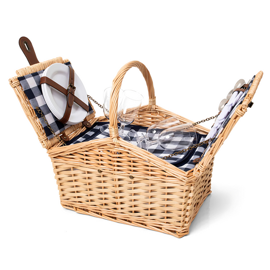Cesta de Piquenique Madely Xadrez Marinho, completa, com forro em tecido xadrez.