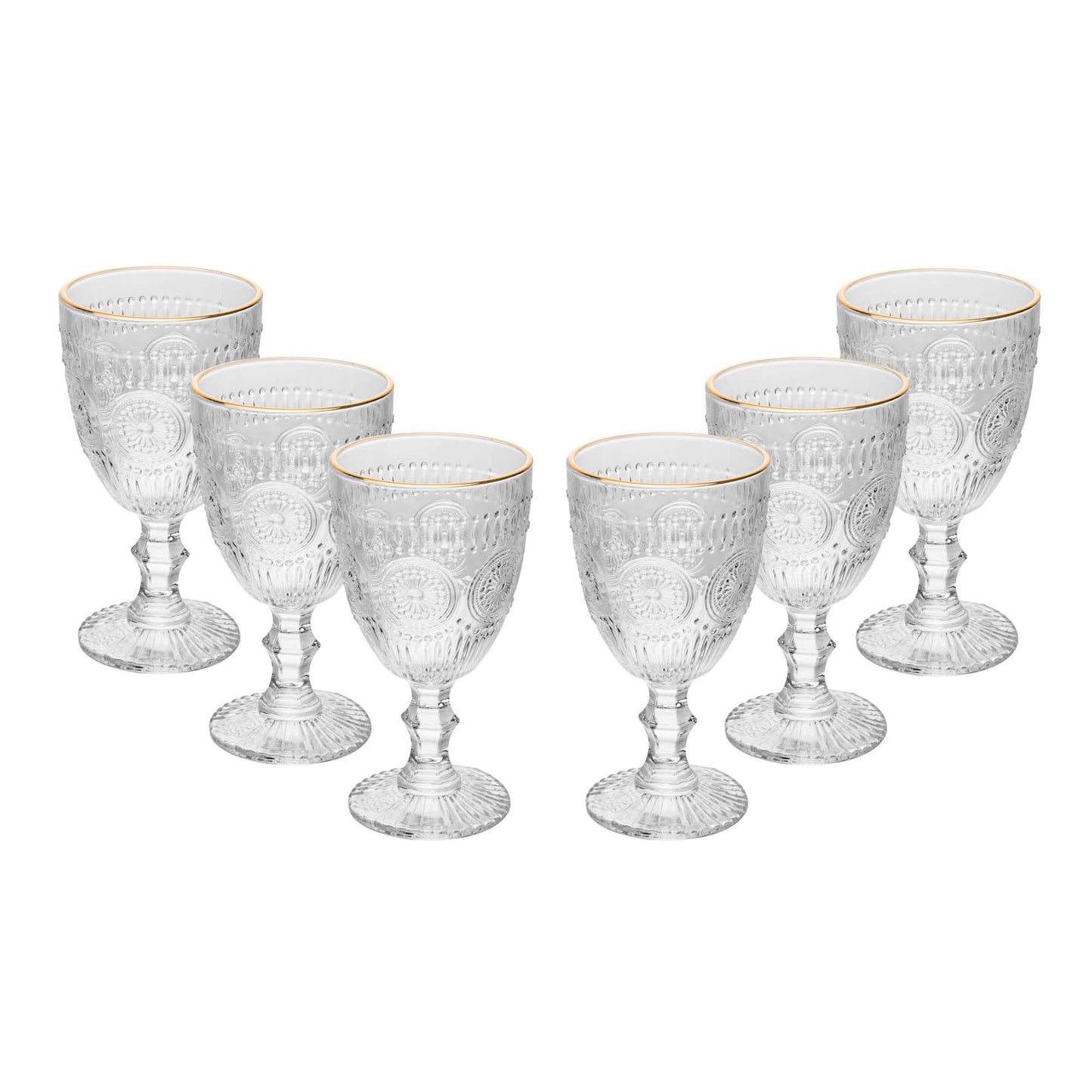 Conjunto de 6 Taças de Vidro (320ml) com detalhe em relevo Mandala e Fio de Ouro na borda.