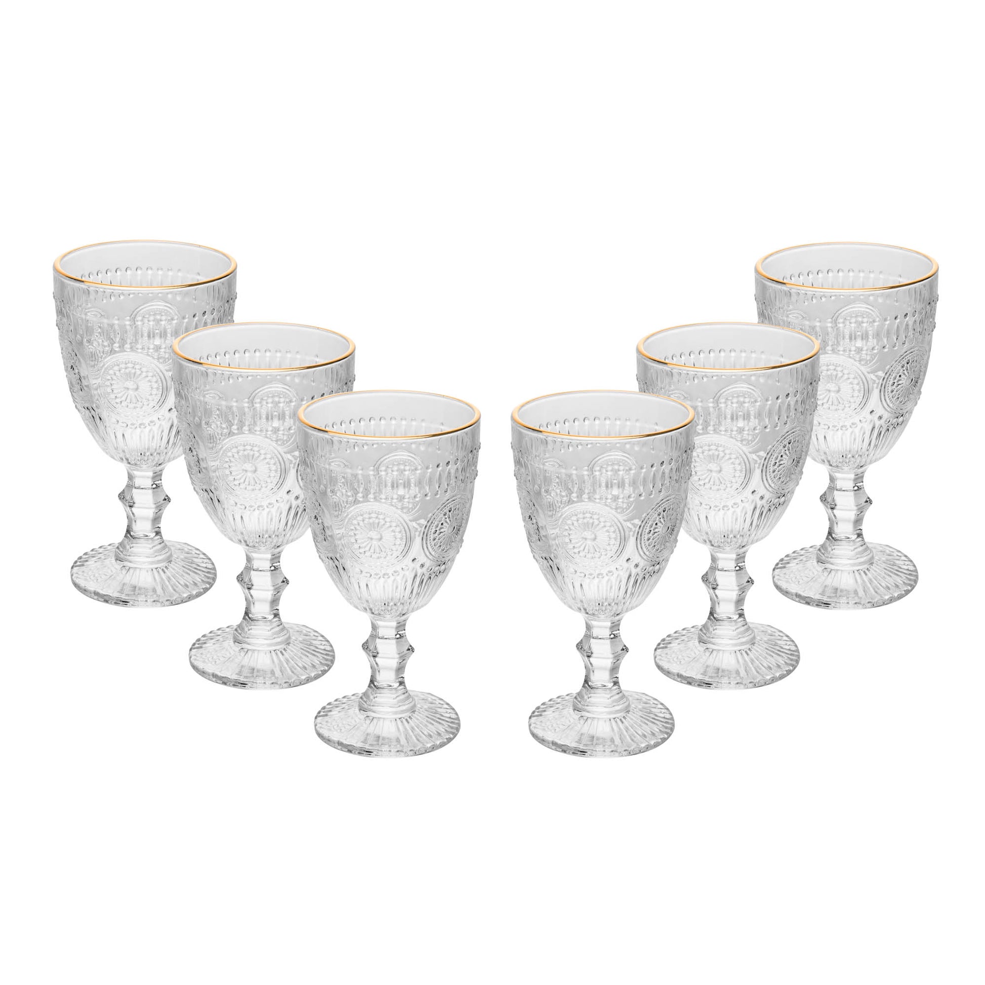 Conjunto de 6 Taças de Vidro (320ml) com detalhe em relevo Mandala e Fio de Ouro na borda.