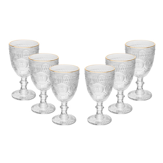 Conjunto de 6 Taças de Vidro (320ml) com detalhe em relevo Mandala e Fio de Ouro na borda.