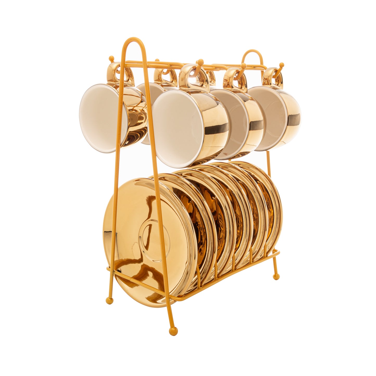 Conjunto 6 Xícaras de Café de Porcelana Branca e Dourada (90ml) com Pires e Suporte Organizador.