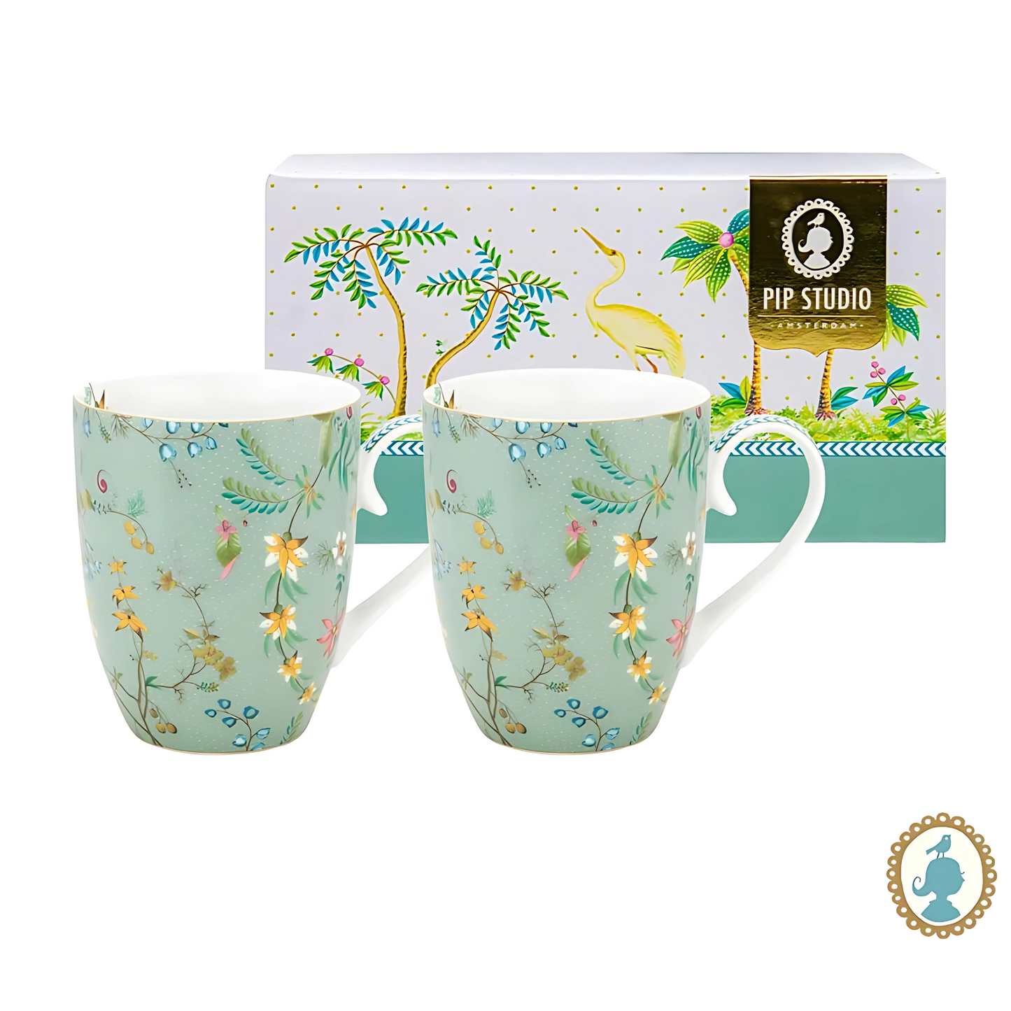 Set 2 Canecas Large Jolie Flowers Blue (350ml) da Pip Studio, destacando o design floral e a cor azul.