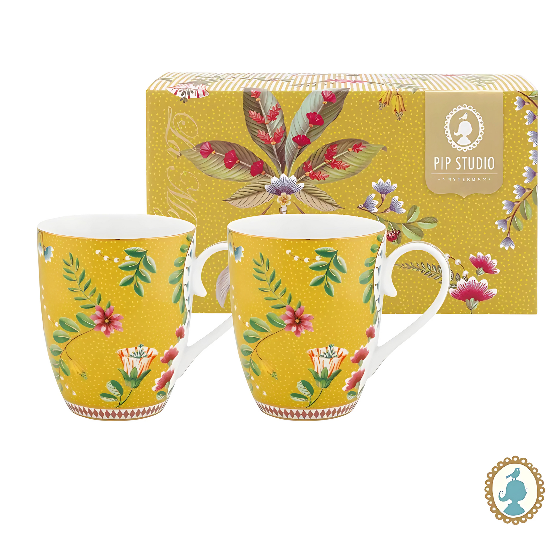 Set 2 Canecas Large La Majorelle Yellow (350ml) da Pip Studio, destacando o design floral e a cor amarela.
