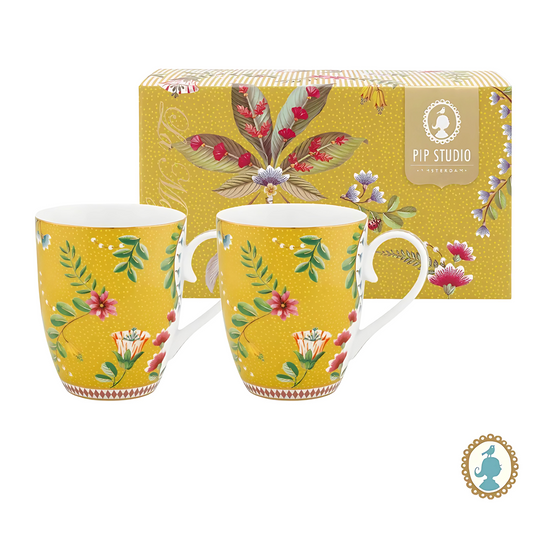 Set 2 Canecas Large La Majorelle Yellow (350ml) da Pip Studio, destacando o design floral e a cor amarela.