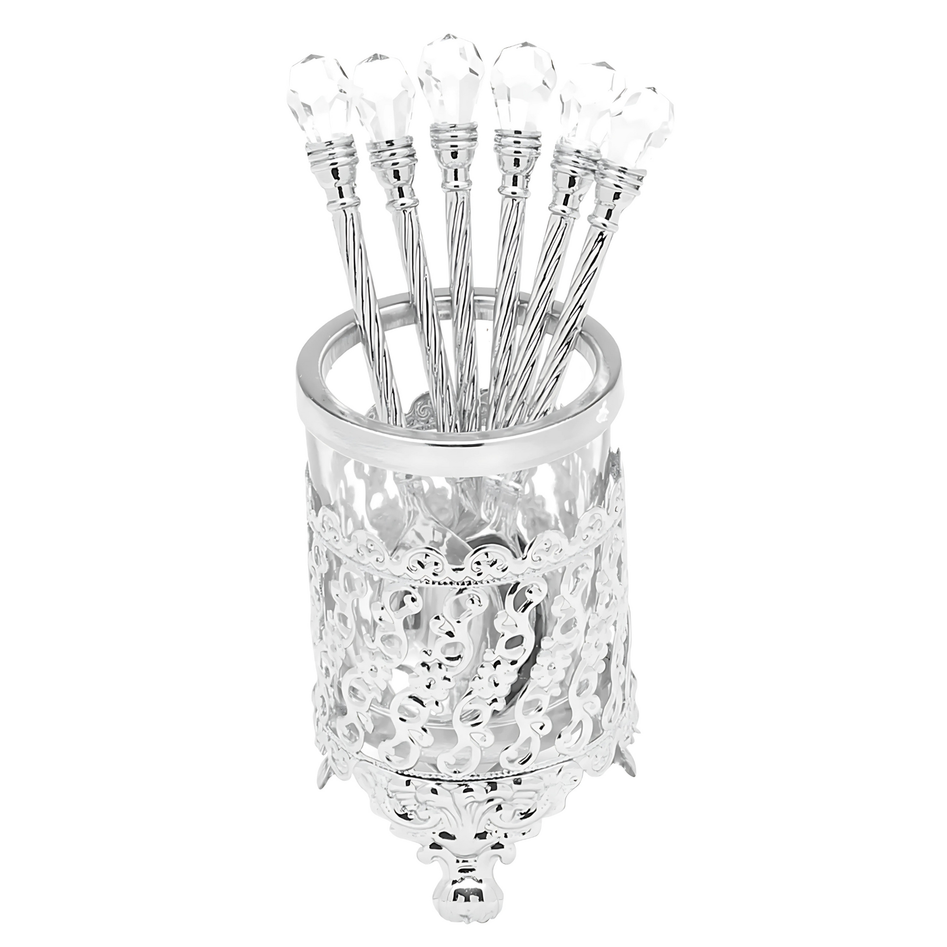 Conjunto de 6 Colheres Zamac com Suporte Niquelado, detalhe em Crystal no cabo.