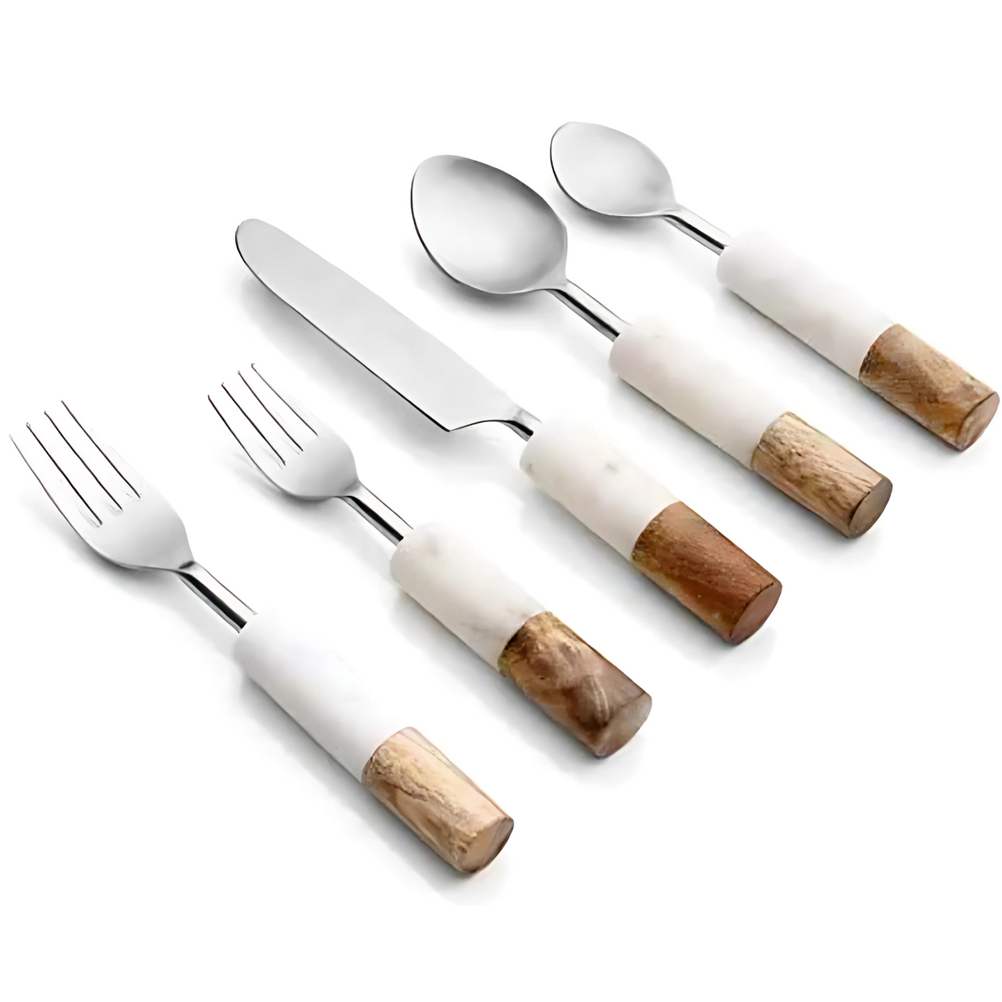 Conjunto de talheres Garbo de 30 peças, com cabos em design Marble Wood e lâminas em aço inoxidável.