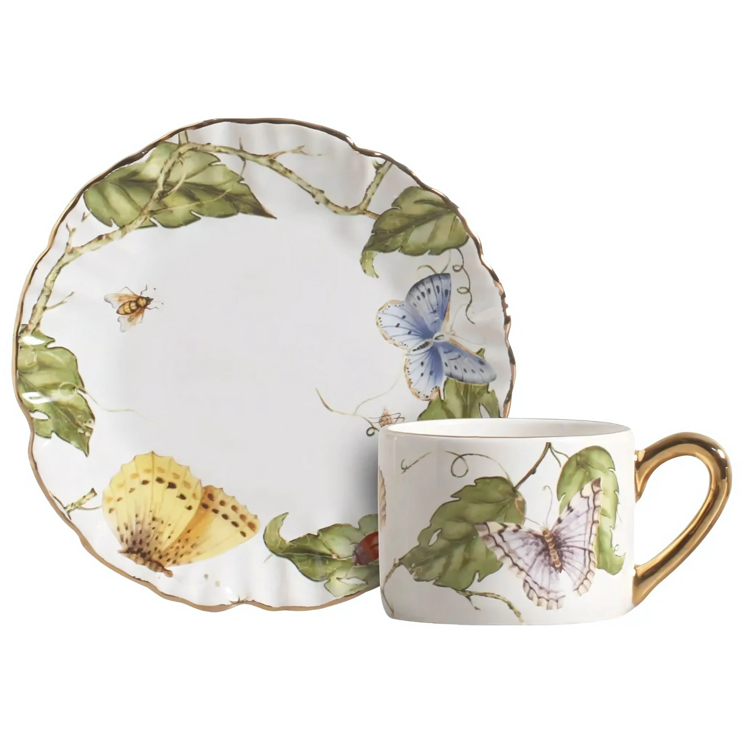 Conjunto de xícara de chá e pires de cerâmica da linha Botanique, com estampa delicada de folha.