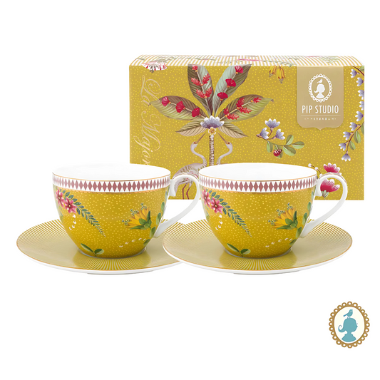 Set Xícara e Pires La Majorelle Yellow (280ml) da Pip Studio, destacando o design floral e a cor amarela.