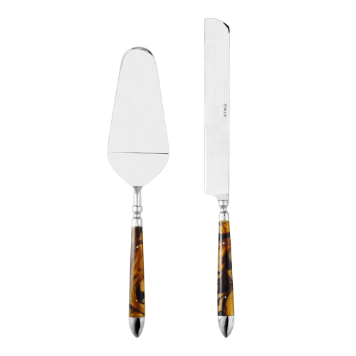 Conjunto de 2 peças para bolo em aço inox com cabo de resina, contendo faca e pá para servir.