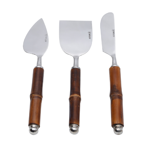 Conjunto 3 peças para queijo em Aço Inox com cabo de bambu. Sirva com charme rústico-chique. Inclui facas e garfo. Ideal para sua mesa.