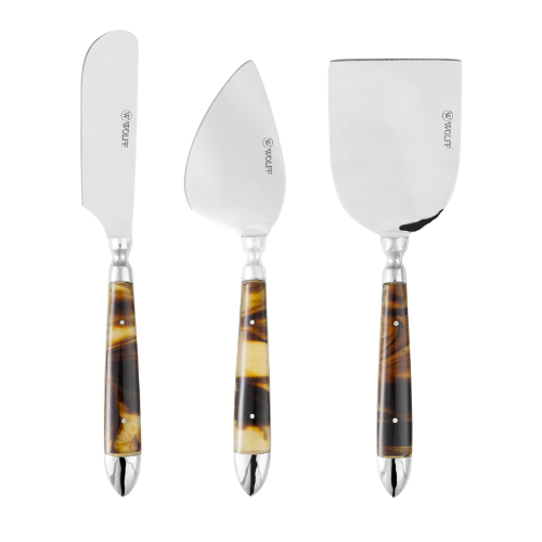 Conjunto de 3 utensílios para queijo em aço inox com cabos de resina, contendo facas e garfo para servir.