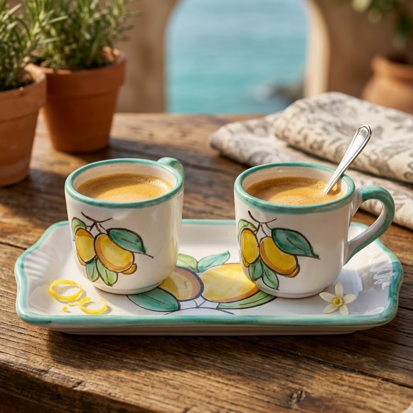 Set Café Italiana Limoni Vietri Costa Amalfitania – Xícara e Tête-à-Tête em Cerâmica Artesanal