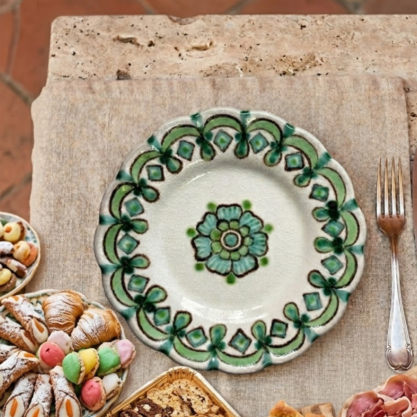 Prato Italiano Entrada  Sobremesa Goccia Verde Vietri Costa Amalfitana 21cm