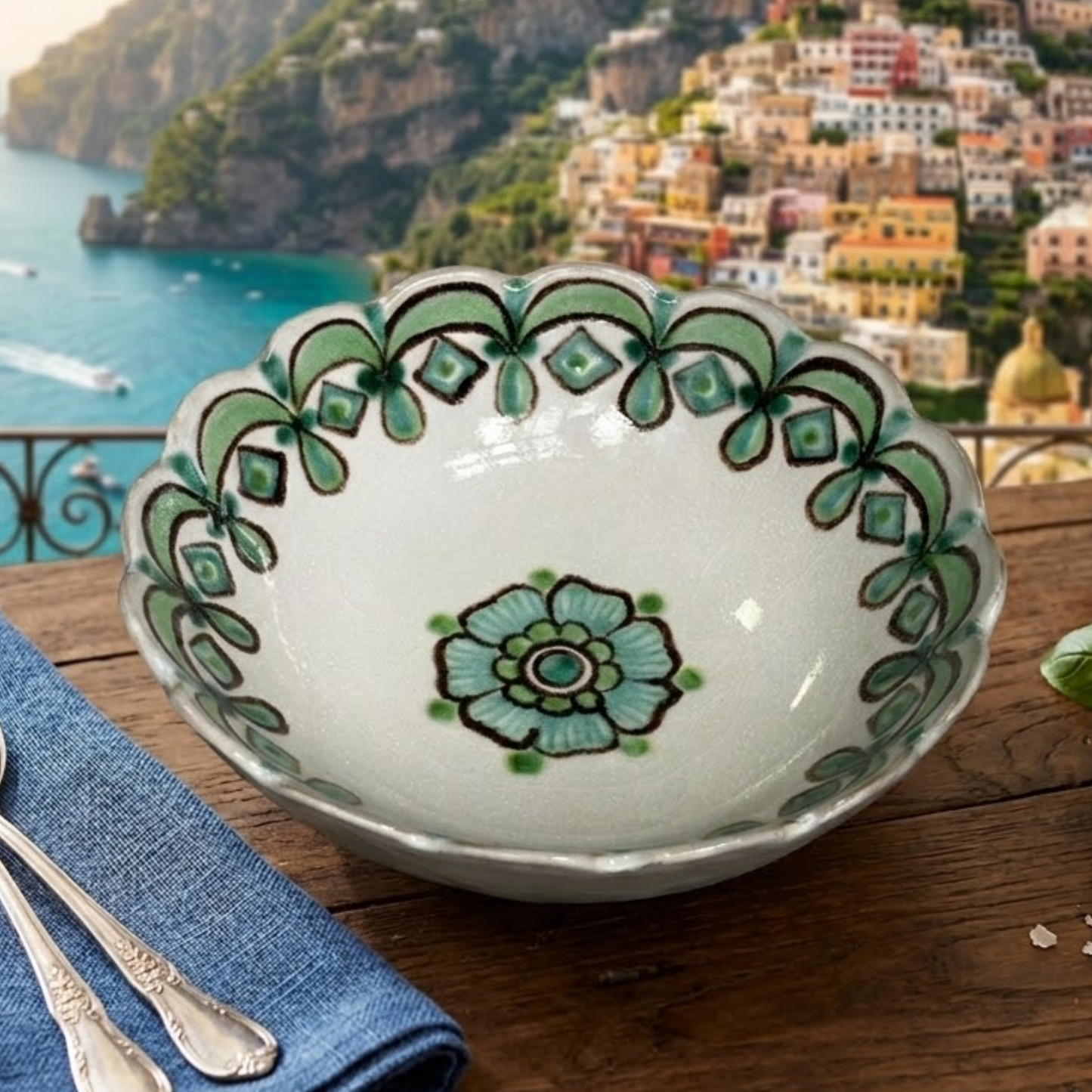 Saladeira Italiana Gota Verde Vietri Costa Amalfitana Cerâmica Artesanal Italiana - 24cm x 7cm