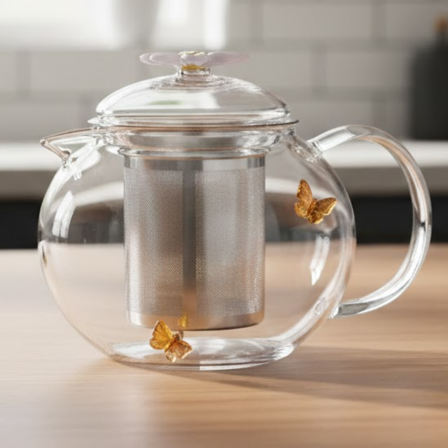 Chaleira de Vidro Borossilicato com Difusor Sun Garden 600ml e Detalhes em Borboleta