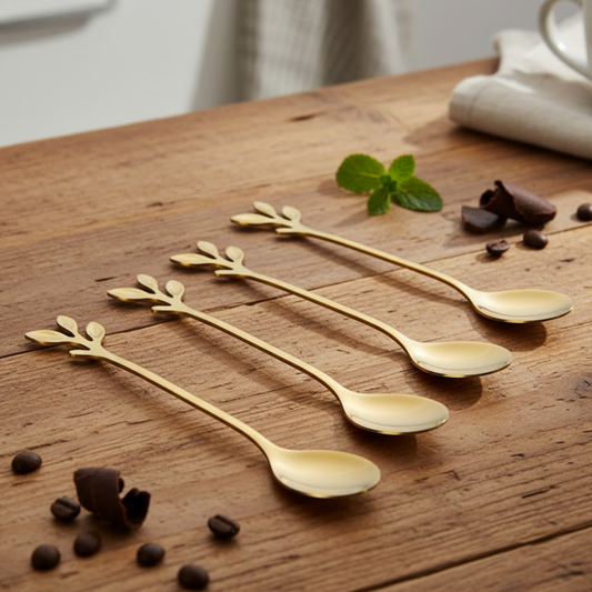 Set 4 Colheres de Chá em Aço Inox Leaves - Dourado Luxo