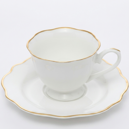 Set 6 Xícaras de Chá Wolff Porcelana com Pires Maldivas e Fio de Ouro – 180ml