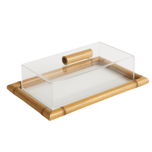 Bandeja Retangular Premium em Bambu e Vidro com Tampa – 41cm