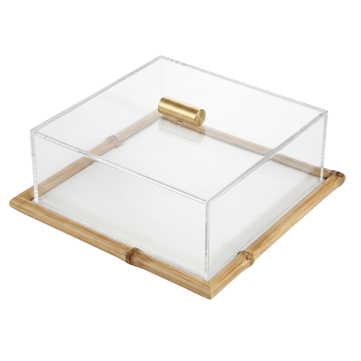 Bandeja de Bambu e Vidro Quadrada com Tampa em Acrílico – 33cm x 33cm