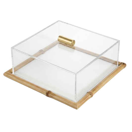 Bandeja de Bambu e Vidro Quadrada com Tampa em Acrílico – 33cm x 33cm