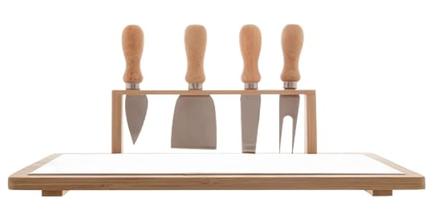 Conjunto Bandeja de Bambu com 4 Facas para Queijo em Aço Inox e Cabo de Bambu