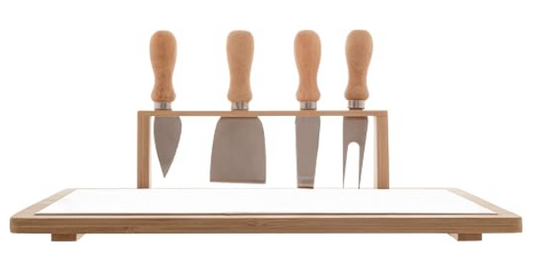 Conjunto Bandeja de Bambu com 4 Facas para Queijo em Aço Inox e Cabo de Bambu