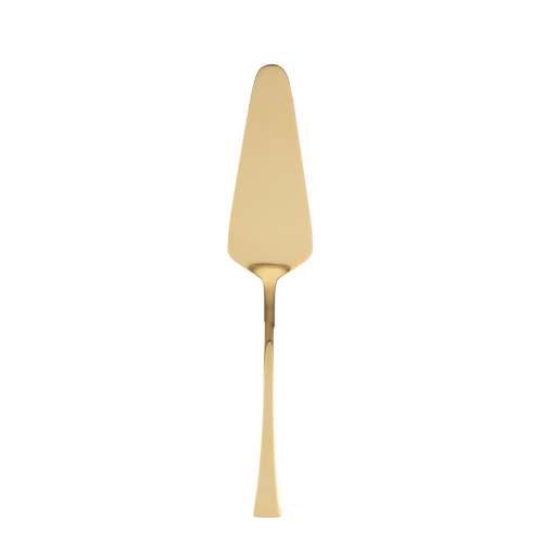 Espátula de servir de aço inoxidável na cor dourada, com cabo e lâmina lisos.