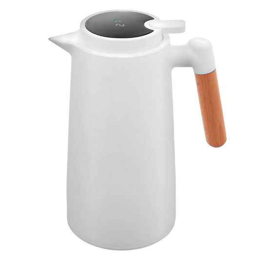 Garrafa Térmica Branca (1L) com Termômetro digital visível na tampa.