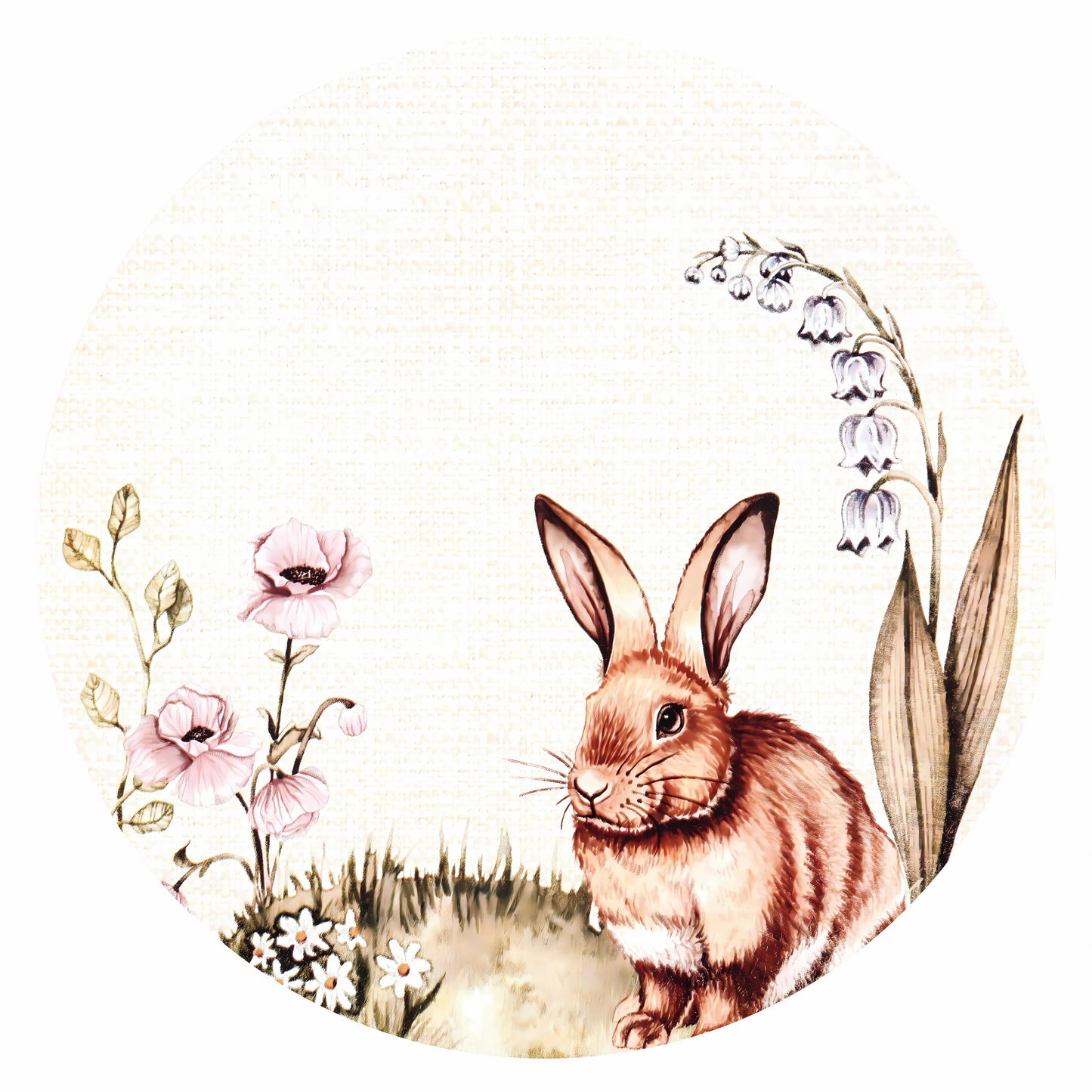 Jogo Americano Giardino Coelho, redondo, com 35cm, com estampa de coelho e flores para a Páscoa.