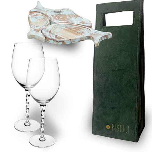 Conjunto de Natal  - Sabor e Memória - 1 Wine Bag Piselli + 1 Petisqueira Teca de Madeira Azul (3 peças) + 2 Taças Twister - Casa Russo & Mercato Piselli