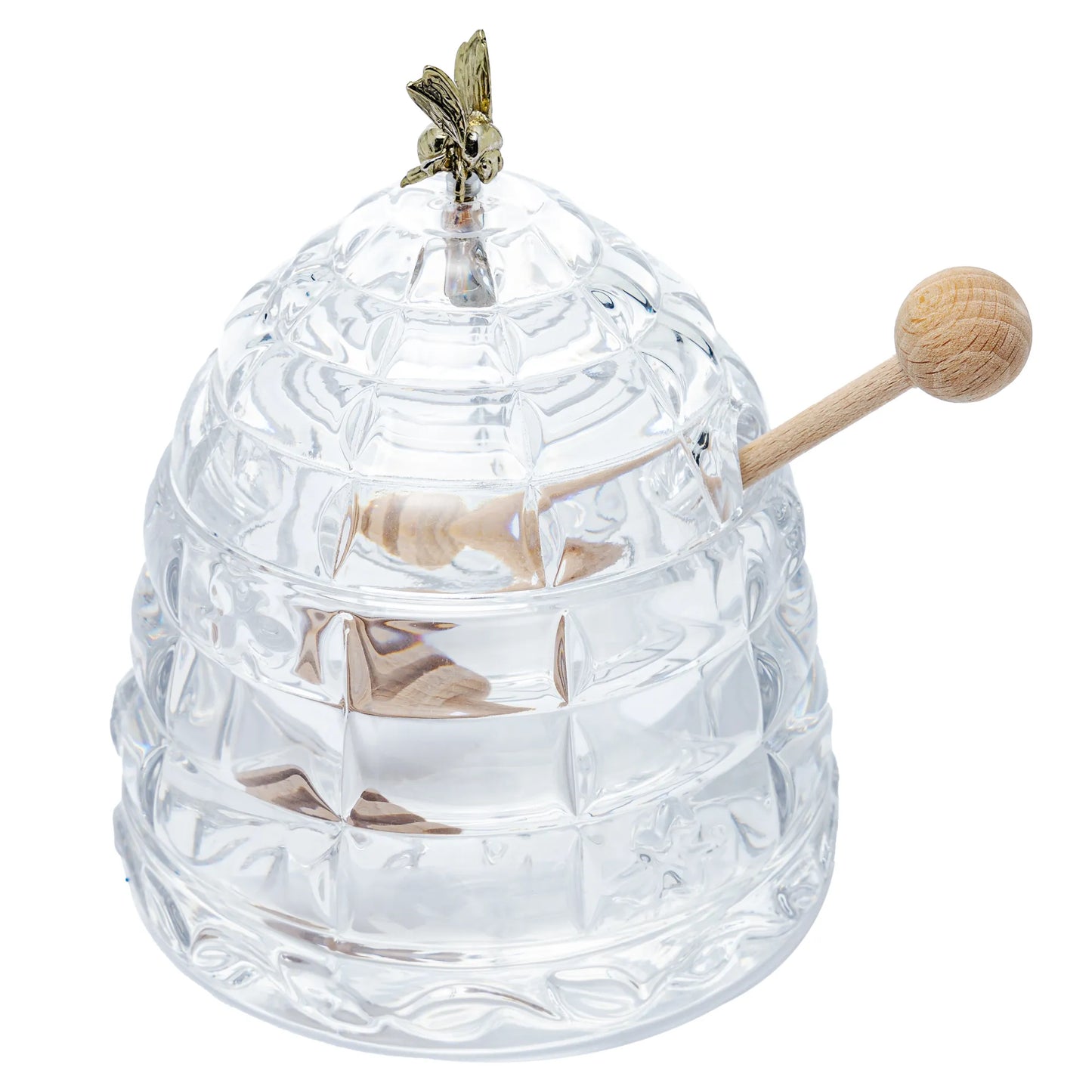 Meleira de Cristal de Chumbo (12x15cm) transparente, com pegador de mel em madeira natural.