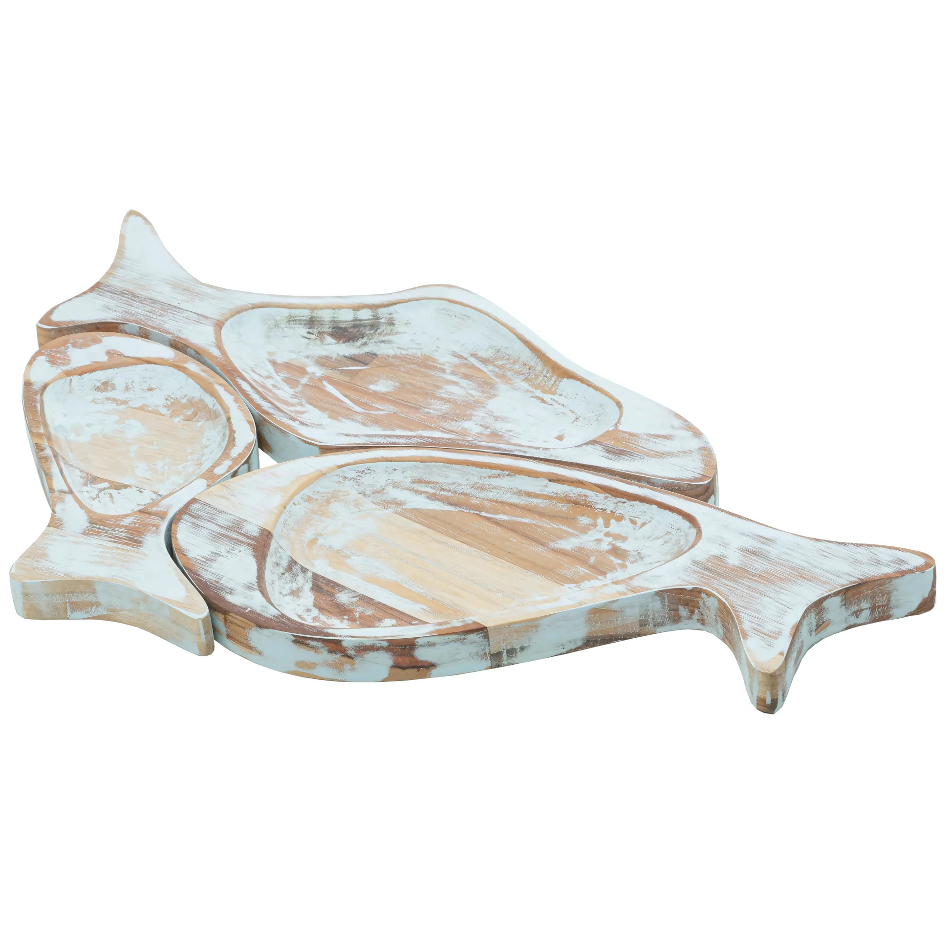 Petisqueira de Madeira Teca Noronha Azul (41,5cm) com 3 peças, para servir aperitivos.