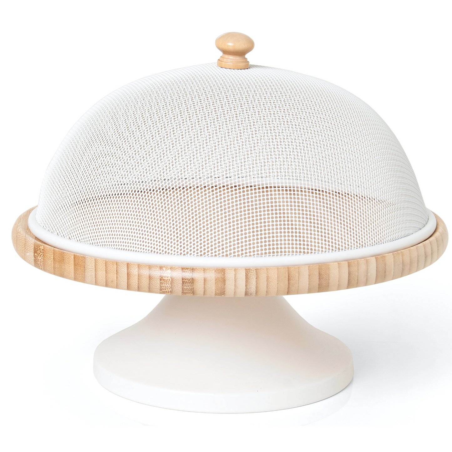 Porta bolo de metal na cor branca da linha Enjoy, sobre uma mesa.