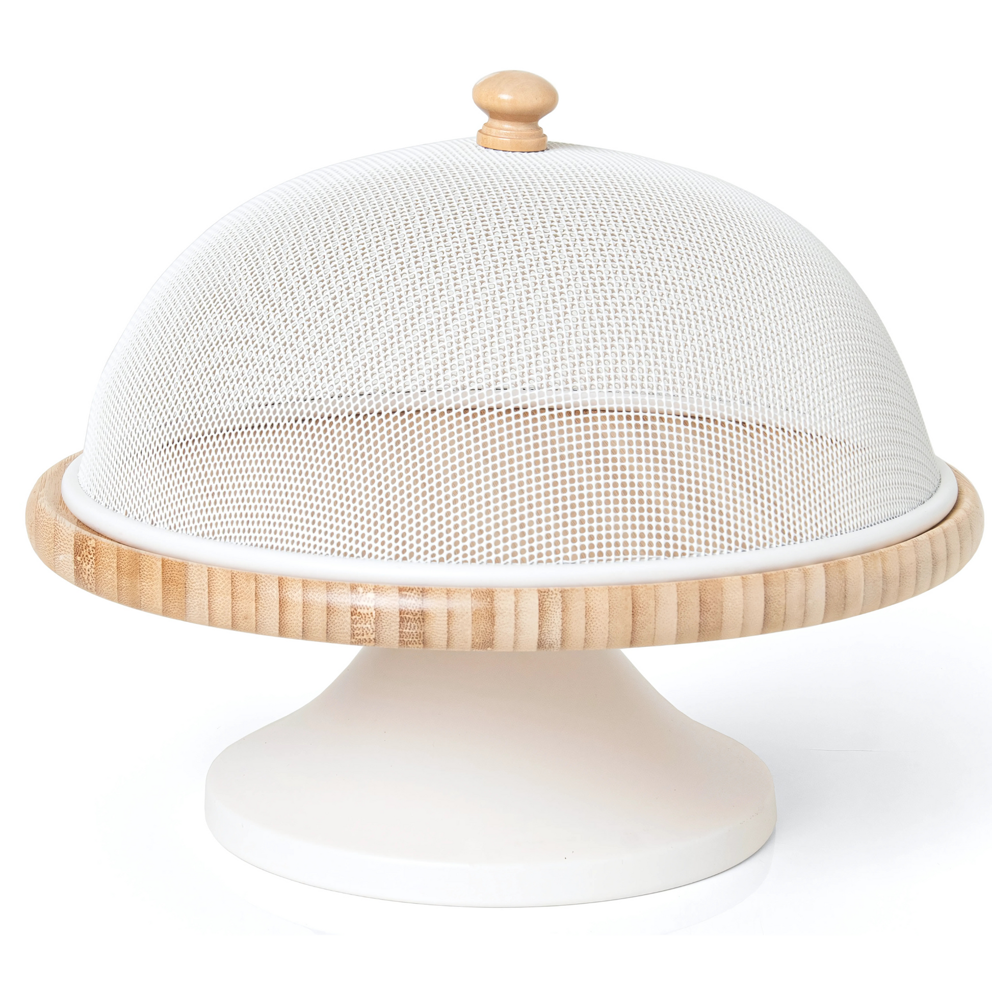 Porta bolo de metal na cor branca da linha Enjoy, sobre uma mesa.