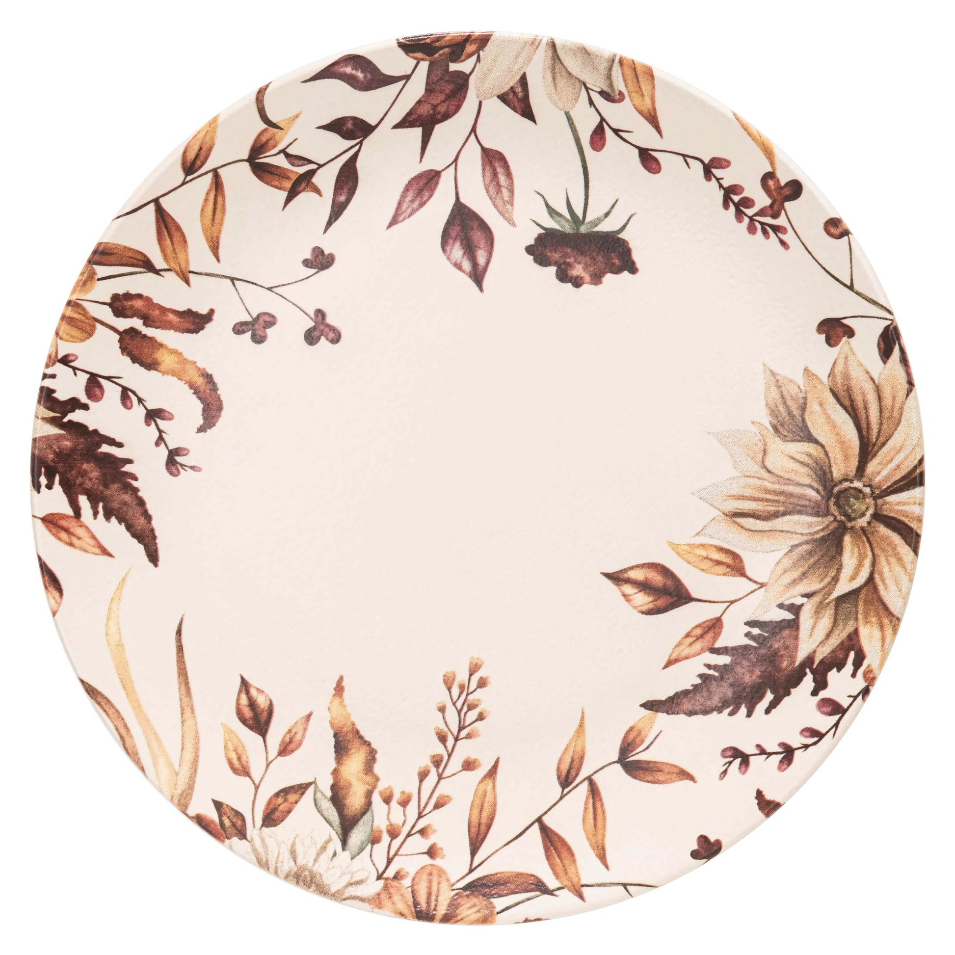 Prato raso de cerâmica Dorath, com 27cm de diâmetro e estampa aquarela exclusiva.