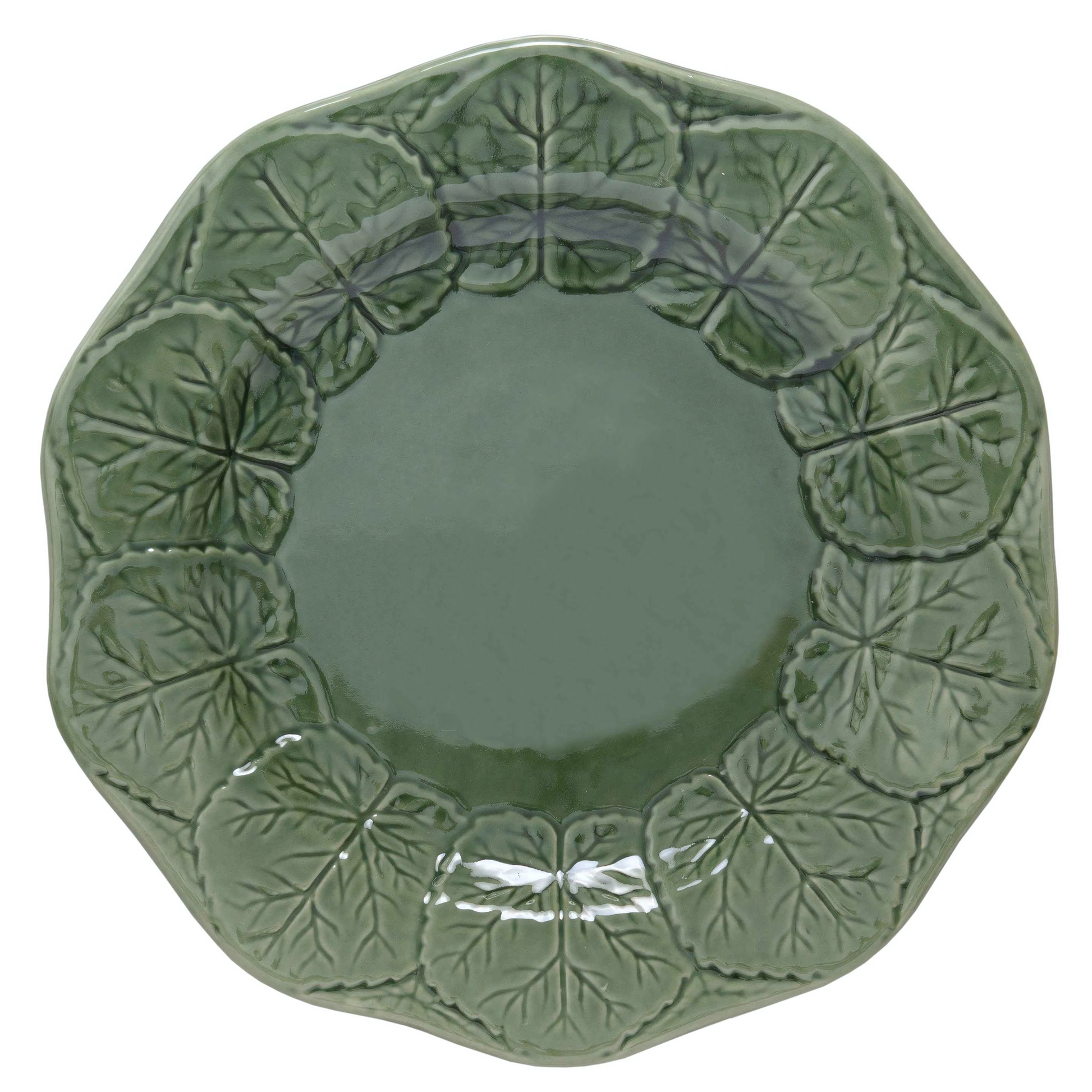 Prato de sobremesa de cerâmica artesanal Versailles Leaf Verde, com 21cm de diâmetro.