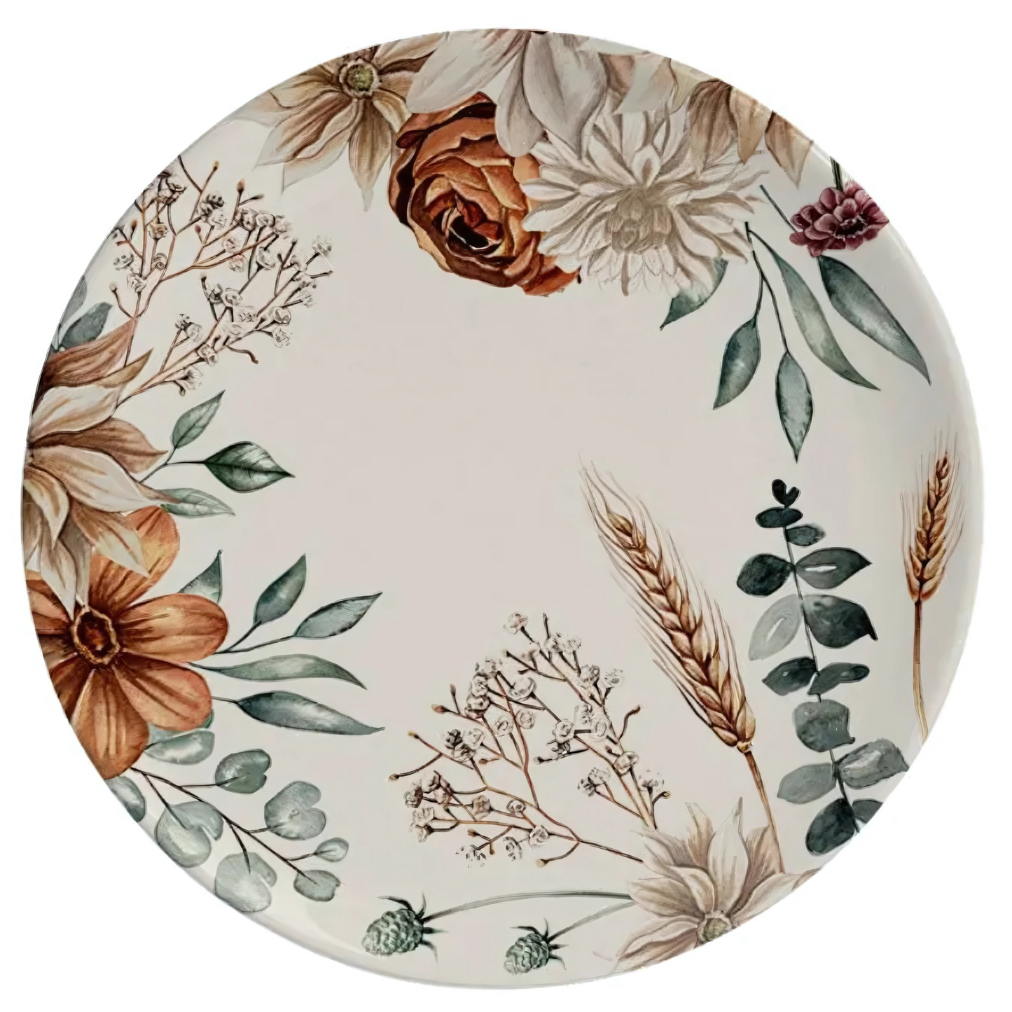 Prato de sobremesa de cerâmica Dorath, com 21cm de diâmetro e estampa exclusiva.