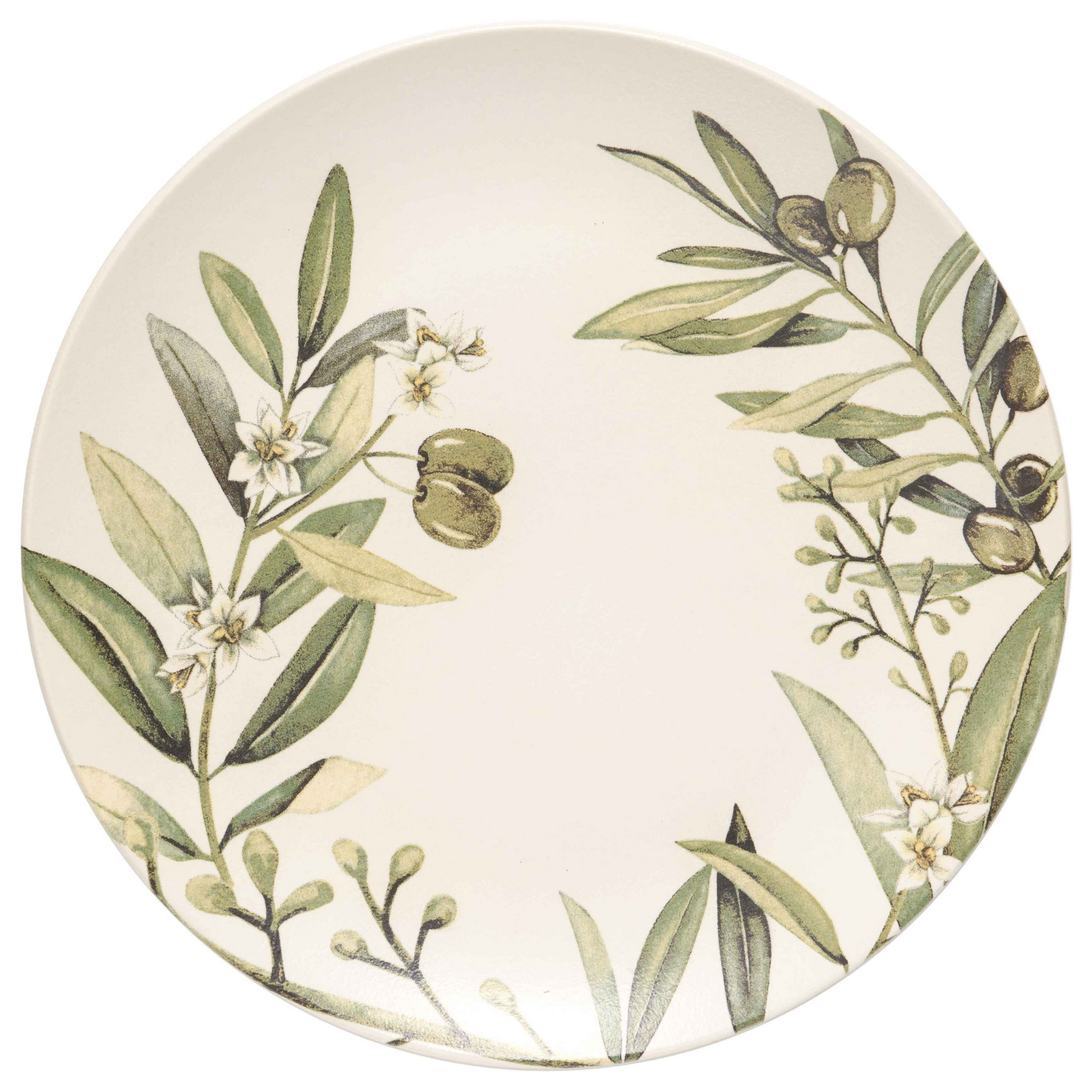 Prato raso Azeitonas (28cm) em cerâmica, com estampa de galhos de azeitona em aquarela.