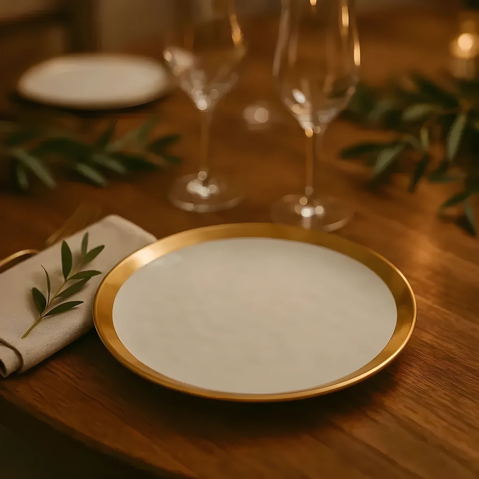 Prato Raso Dubai (25cm) em porcelana branca, com detalhe de borda dourada em linhas assimétricas.