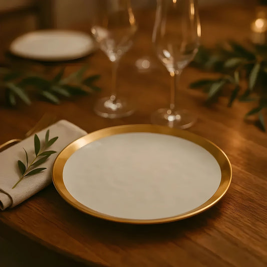 Prato Raso Dubai (25cm) em porcelana branca, com detalhe de borda dourada em linhas assimétricas.